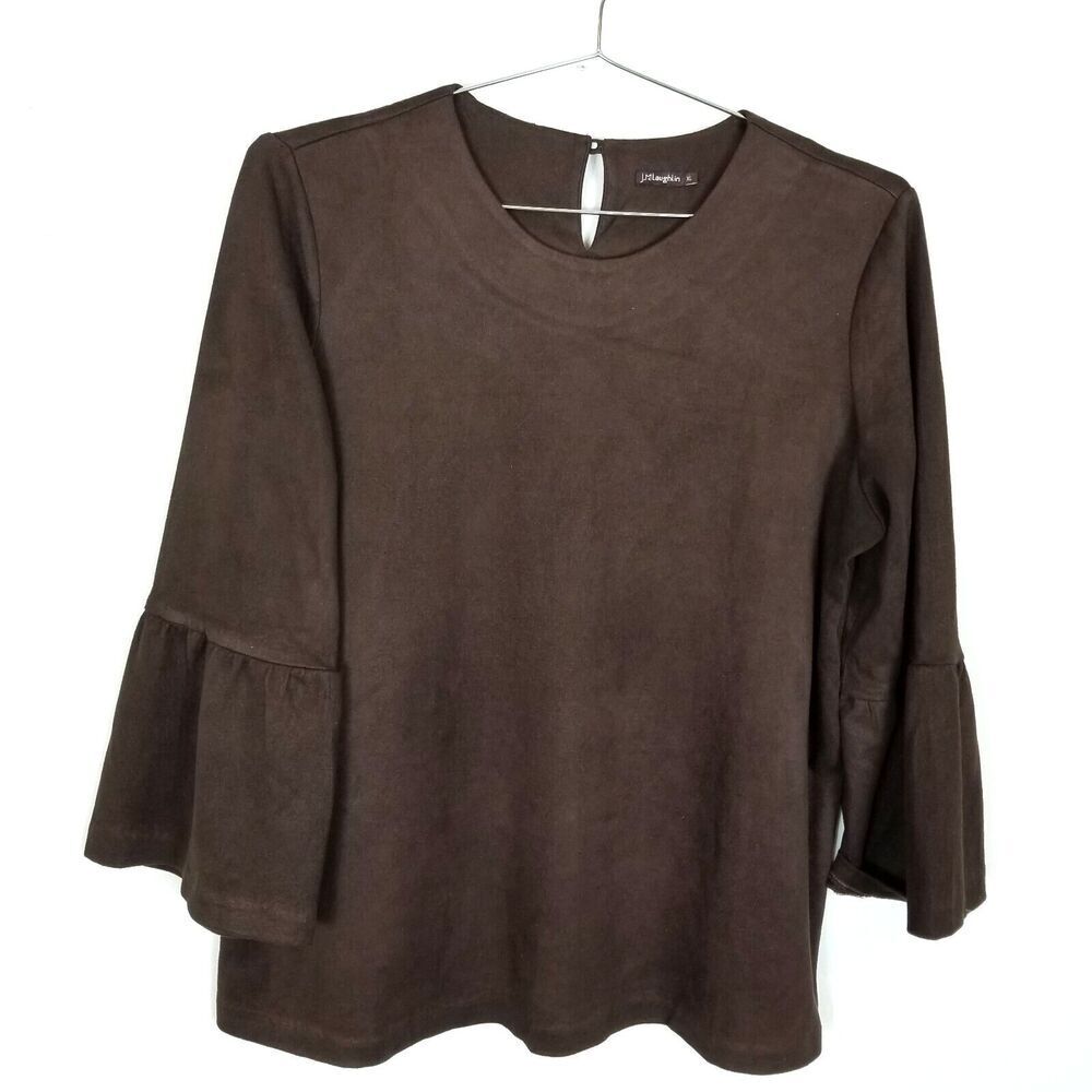 J. McLaughlin Women‎ Keaton  Faux Suede Bell Sleeve Top Sz XL Brown Blouse Shirt